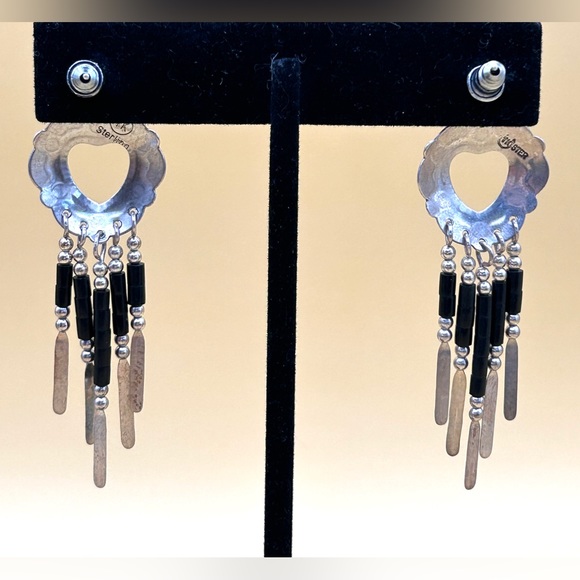Vintage Native American Sterling Silver Heart Dangle Earrings 2" TK Emerson - Picture 5 of 9
